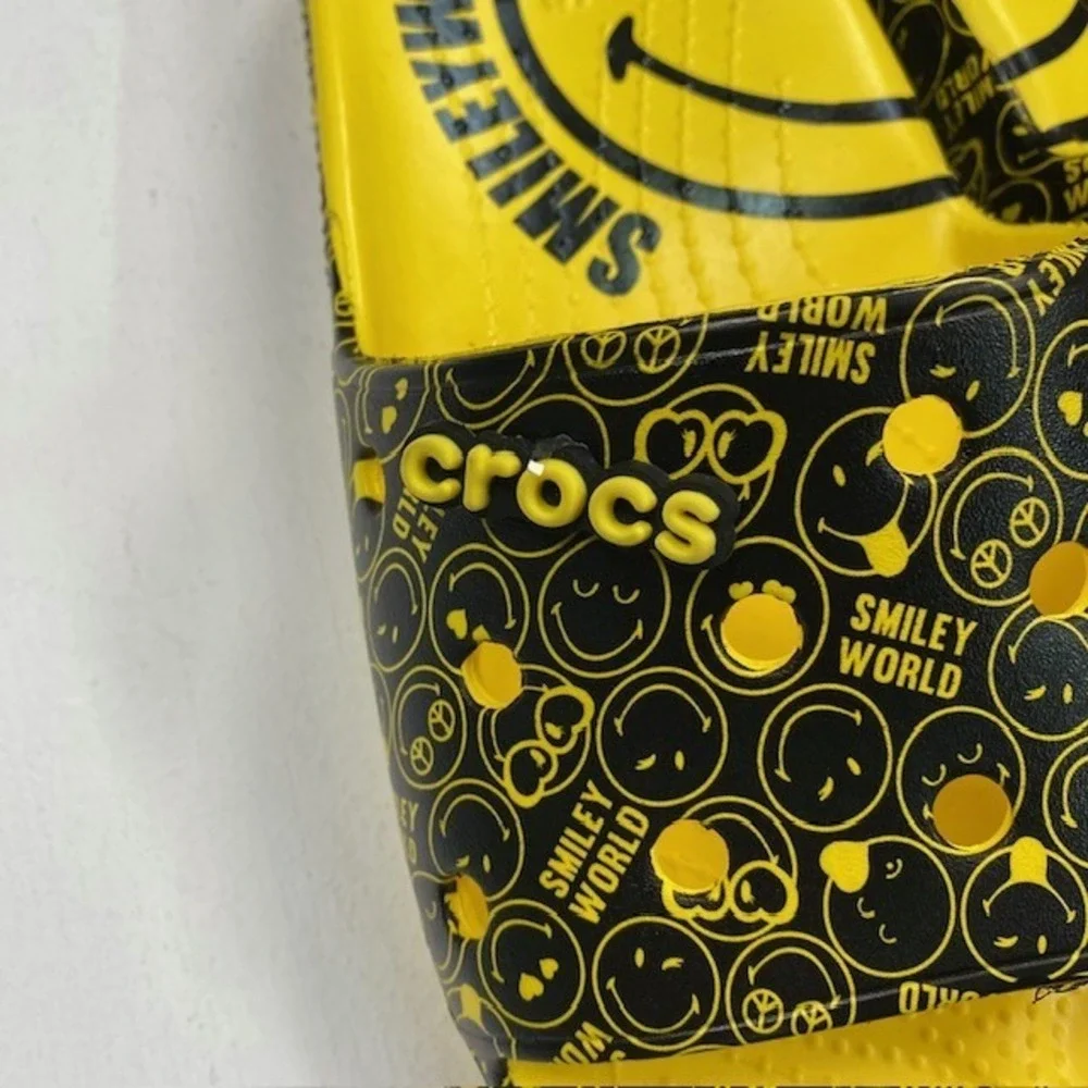 Crocs Classic SmileyWorld Slides Yellow Black Mens 13 Smiley Face Sandals